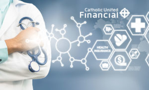 Doctor with virtual medical icons and Catholic United Logo