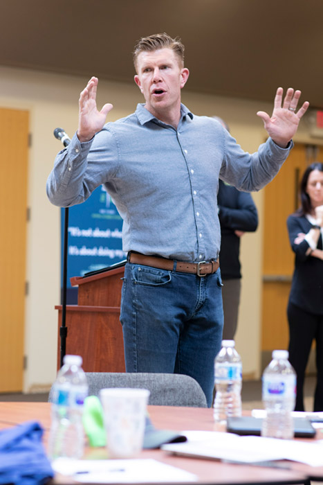 Former Minnesota Viking Matt Birk addresses coaches and principals at the 4 His Glory conference in March 2019