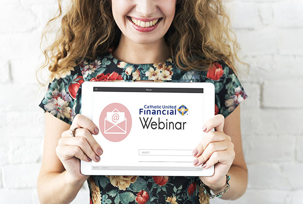 Woman holding ipad with webinar notice