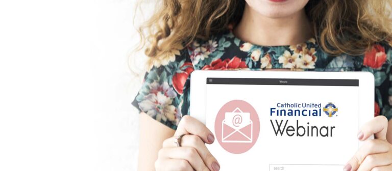 Woman holding ipad with webinar notice